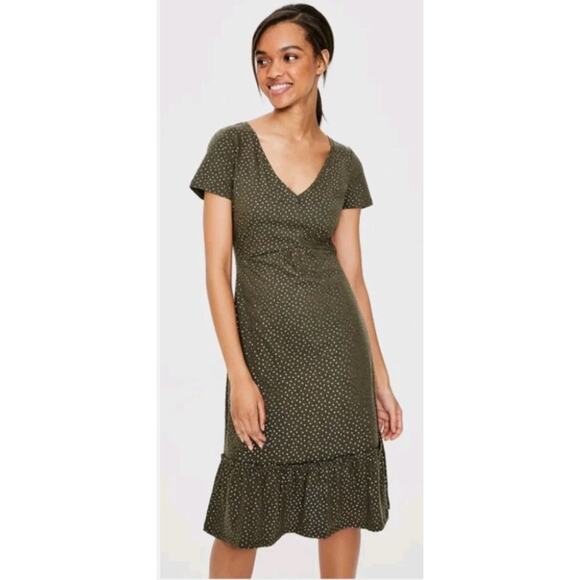 Boden Melissa Jersey Dress Knit Green Gold Polka Dots Ruffle Hem Short Sleeves 6 - Picture 1 of 10
